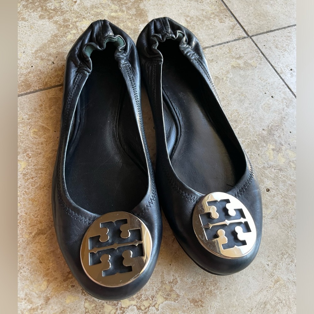 TORY BURCH Reva Napa Black Flats Size 10